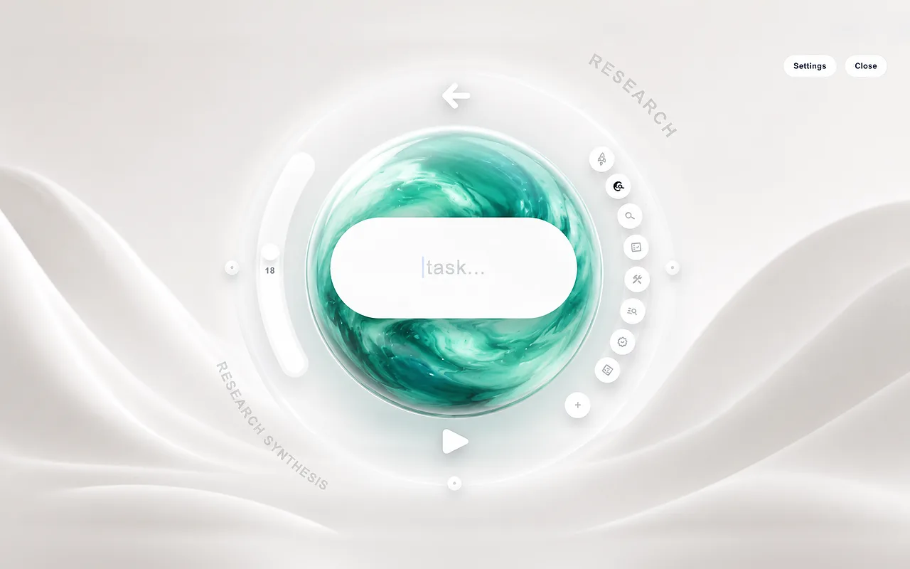 The run view: a task prompt in the centre, its research and synthesis steps around the dial.