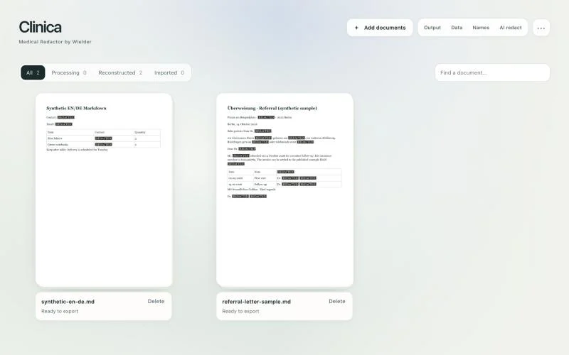 The desk with two synthetic sample documents, both reconstructed and ready to export, their redactions visible in the thumbnails.