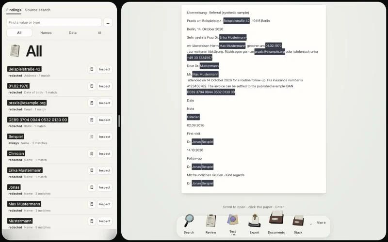 A synthetic referral letter in the reader: names, address, date of birth, email, phone and IBAN covered, with the Findings list split into Names, Data and AI.