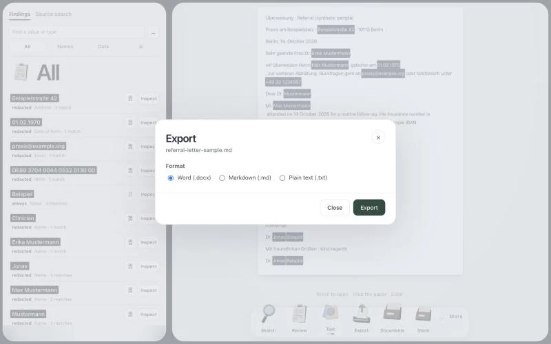 The export sheet: Word (.docx), Markdown (.md) or plain text (.txt).