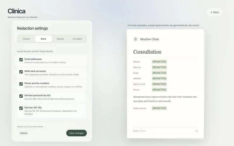 Data rules: email addresses, IBANs, phone numbers, German tax and VAT IDs, beside a fictional consultation preview.