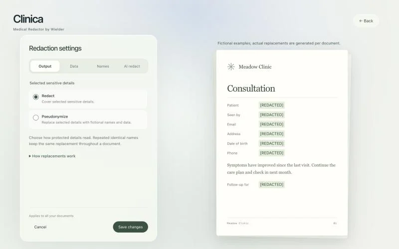 Output: redact selected details, or pseudonymize them with fictional names and data.