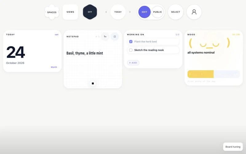 A Glimmerboard board: Today, a notepad with a short note, a Working on checklist with one step done, and the mood meter.