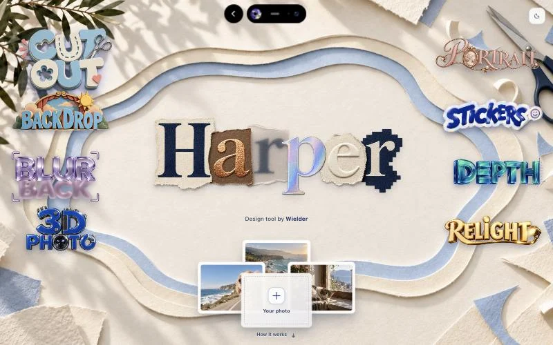 Harper's start page: the eight tools around the Harper title, with Your photo ready below.