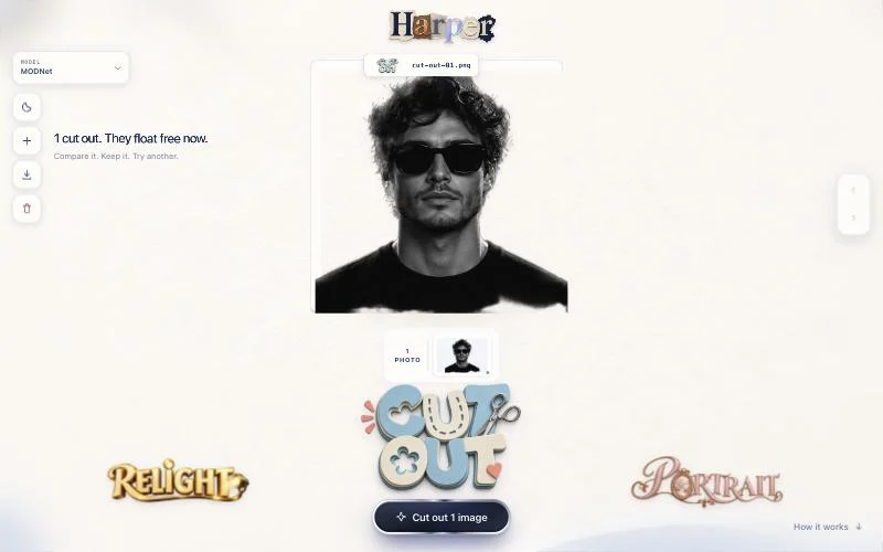 The cut-out result, saved as cut-out-01.png: the portrait floats free of its background.