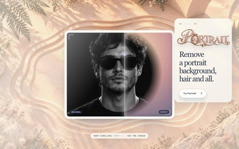 Portrait: remove a portrait background, hair and all, shown as original and effect.