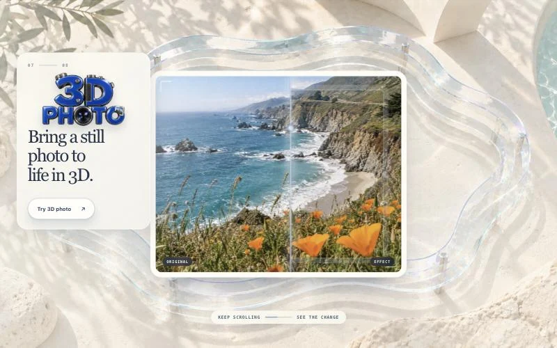 3D photo: bring a still photo to life in 3D, shown on a coastal scene.