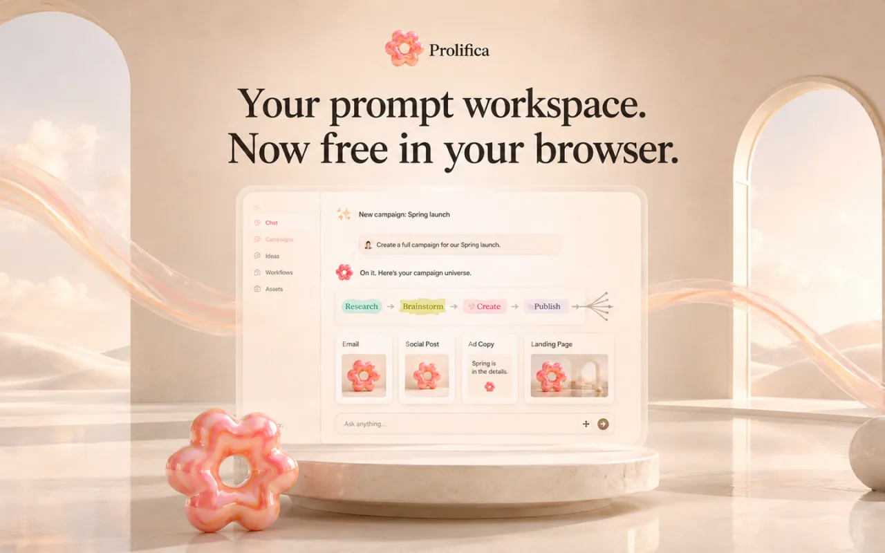 Your prompt workspace, now free in your browser: a campaign workflow from research to publish.